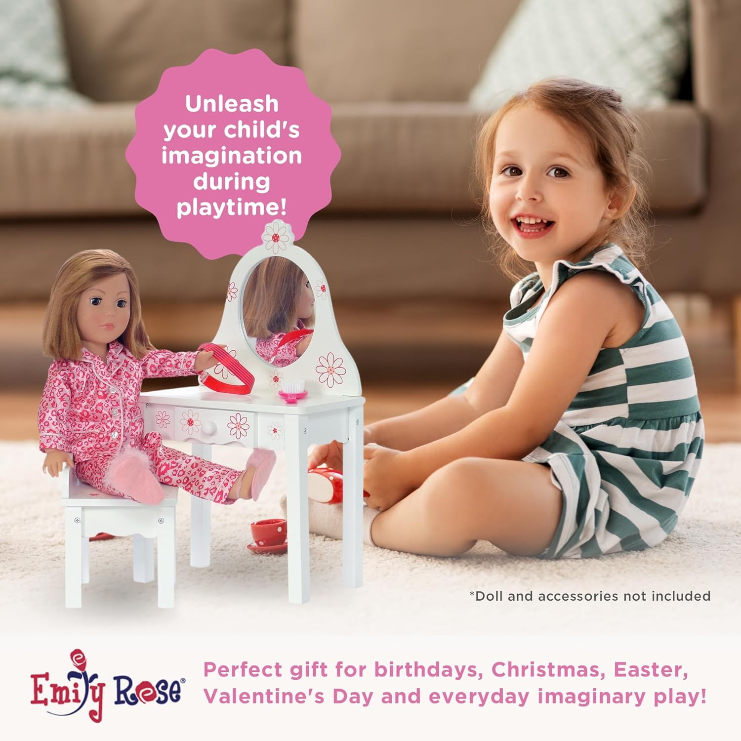 Emily Rose 18-inch Doll Bedroom Vanity with Chair - Floral Collection Compatible with American Girl Dolls
