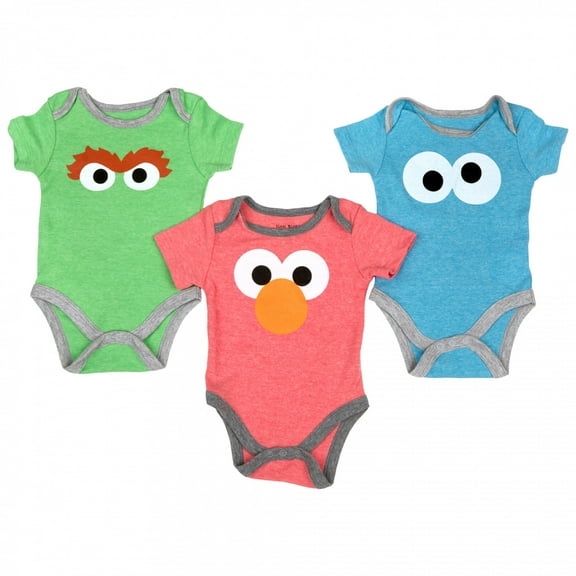 Happy Threads Sesame Street Baby Boys' Bodysuit Three Pack - Baby Bodysuit Multipack - Newborn Girl Clothes Re/Blue/Green, 6-9 Months