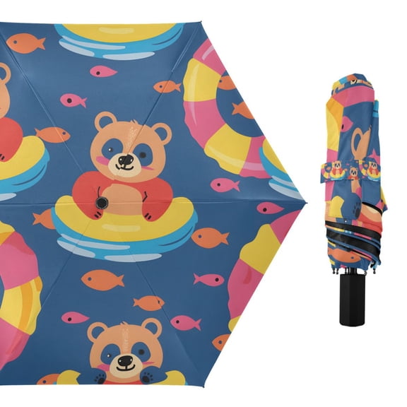 Bear Swimming Circle Fish Compact Sun Umbrella Windproof Travel Umbrellas for Rain Strong Portable UV Protection