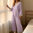thumbnail image 6 of YYDGH Pajamas Sets for Women Two Piece Lounge Outfits Lace Trim V Neck Top Long Sleeve Tops and Wide Leg Pants Sleepwear Loungewear Nightwear Suit, 6 of 7