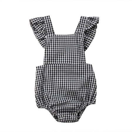 - Infant Baby Girls Plaid Printing Ruffle Romper Square Collar Lotus Leaf Sleeve Backless One-Piece Jumpsuit