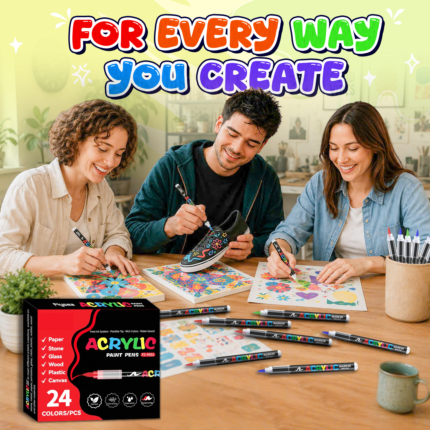 COORIART Acrylic Paint Markers, Soft Brush Tip Pens, Automatic Ink Control No Bleed Markers Set for Wood, Stone, Canvas, Glass, Fabric, Egg, Rock Painting and DIY