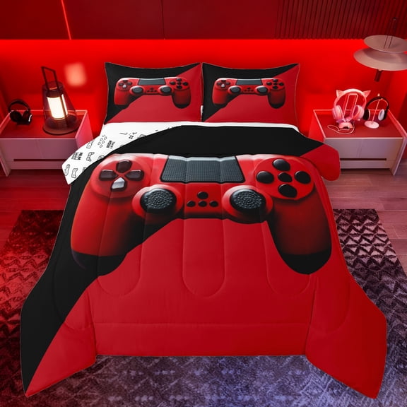 Manfei Teens Video Game Bedding Comforter Set,Console Game Lover Twin Comforter Sets,Green Black Bedding Set For Kids,Microfiber Bedroom Decor Reversible,2 Pieces