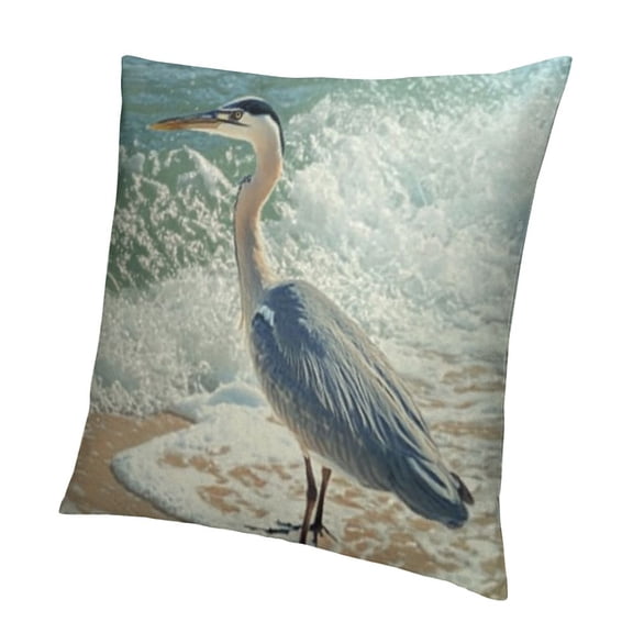 Decorative Throw Pillow Cover Square Size Blue Heron Beach Sea Wave Watercolor Painting