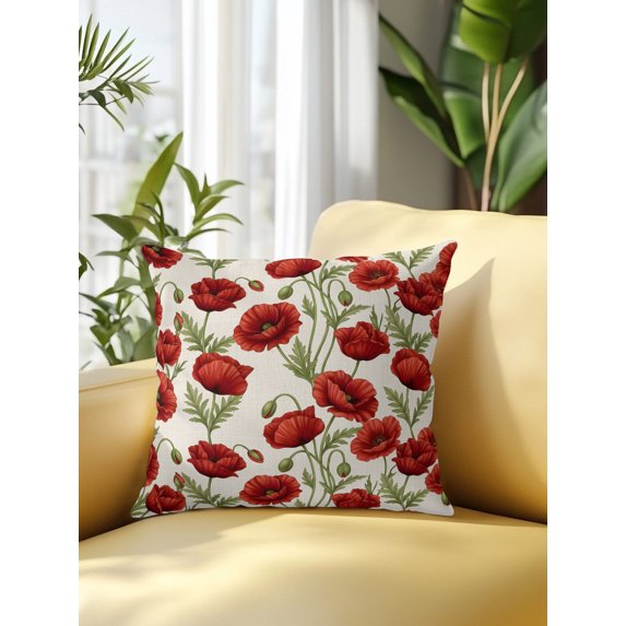 Outdoor Pillows Waterproof, Spring Floral Bedding Throw Pillows with Insert for Couch Sofa Bed, Red Poppy Green Leaves Botanical 18x18 Inch Pillowcases Decorative Camping Patio Pillow Set of 1