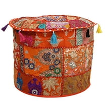 DK Homewares Indian Pouffe Footstool Vintage Patchwork Orange Round Pouffe Decorative Tuffet Cotton Embroidered Hassock Pouf Ottoman Cover Floral Traditional 18x18x13 Inch - COVER ONLY