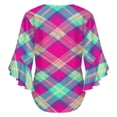 thumbnail image 6 of Colorful Plaid Pattern Women's V-Neck Blouse With 3/4 Ruffled Bell Sleeves Casual Top Ladies Blouses, 6 of 7