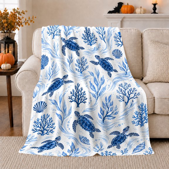 Blue Sea Turtles with Coral and Shells, Playful Coastal Style for Ocean Lovers, Underwater Reef Pattern and Birthday Gift, Cozy Flannel Blanket for Beach House and Bedroom, Home Decor