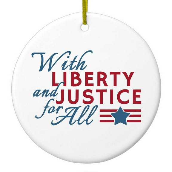 DistinctInk Hanging Ceramic Christmass Tree Ornament with Gold String - Great Gift / Present - 2 3/4 inch diameter - With Liberty and Justice For All