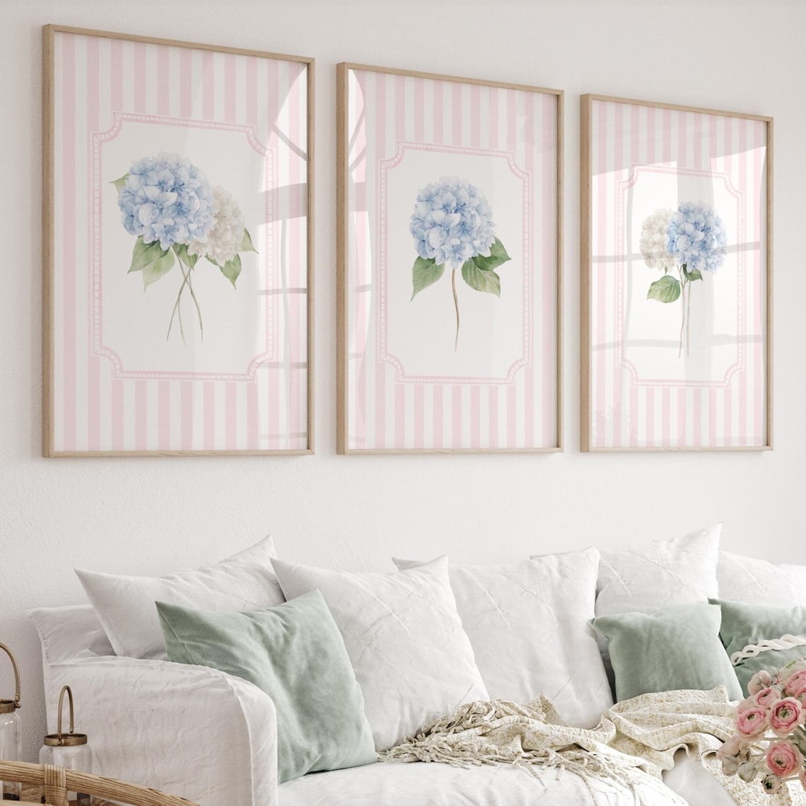 Hydrangea Collection Of Prints Pink Striped Botanical Botanical Bedroom And Living Room Decor