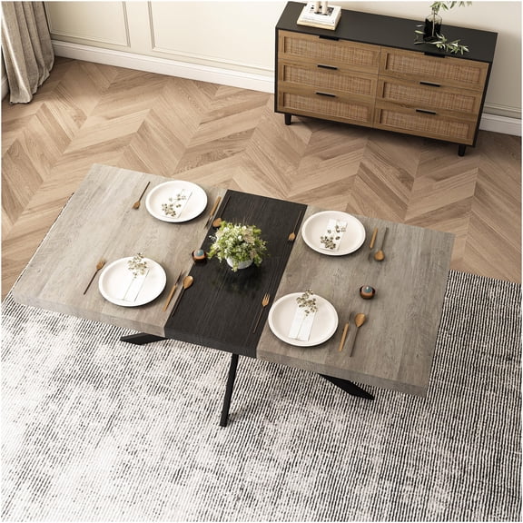 JERFIT Expandable Dining Table for 6 with Storage, Retro Rectangular Stretch Table, Grey MDF Top & Black Cross Metal Base