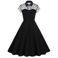 thumbnail image 3 of QUYUON Black Cocktail Dresses for Women Evening Party Knee Length Dress Floral Lace Mesh Lapel Neck Short Sleeve Shirt Dress Tie Knot Button Front Pleated A-Line Swing Dress Style D-1518 Dark Blue XL, 3 of 9