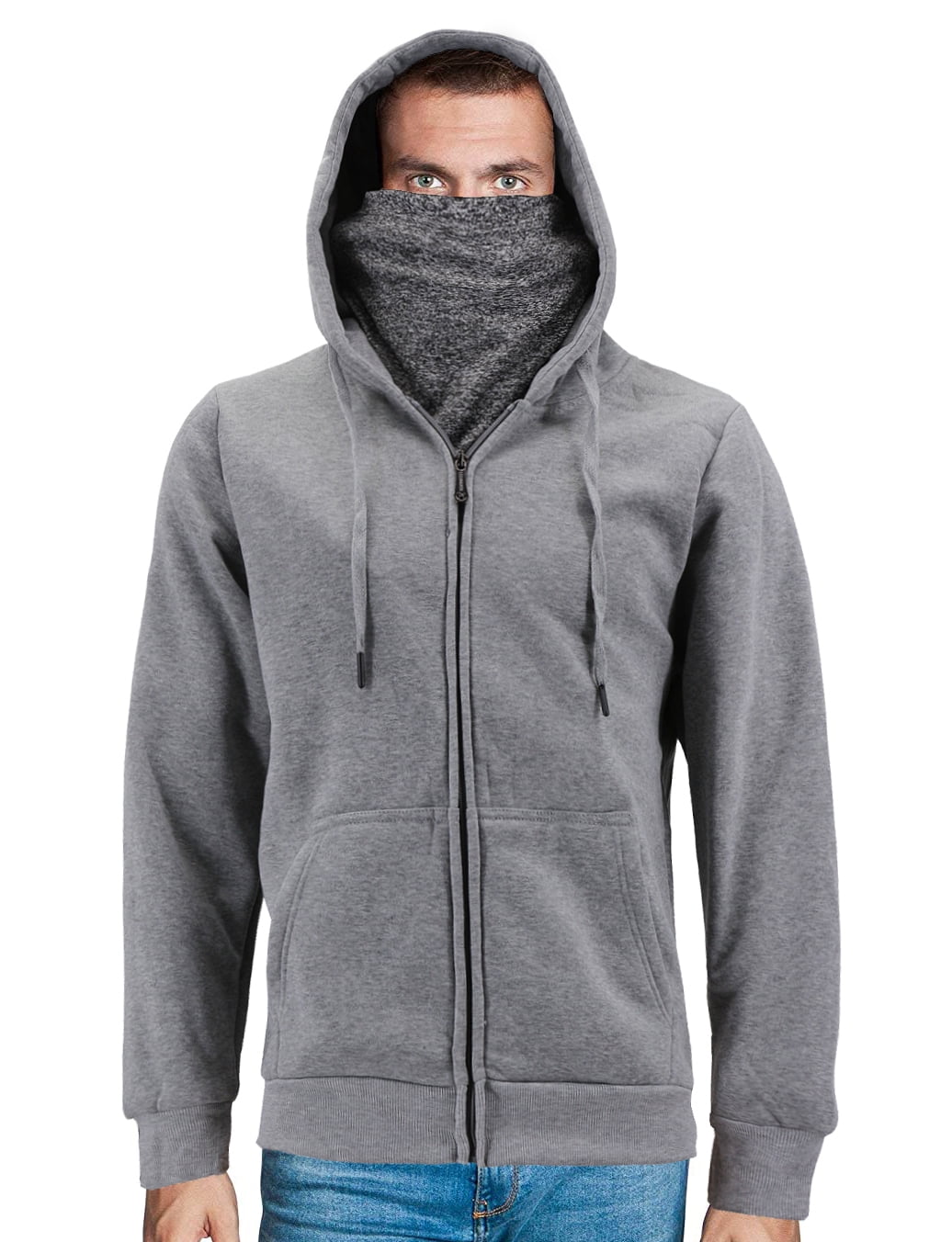 Men's Activewear Fleece Lined Ninja Mask Zip Up Gym Sport Hoodie Sweater  Jacket (Light Grey, L)