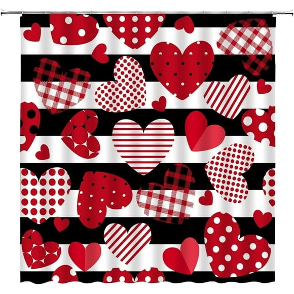 Valentine''s Day Shower Curtain Black White Stripes Pink and Red Sweet Heart Buffalo Plaid Polka Dot Romantic Love Lover Couple Gifts Creative Modern Fashion Fabric Bathroom Decor Curtain with Hooks