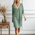 thumbnail image 2 of LNWUY Women's Fashion Lace 3/4 Sleeve Cotton Linen Dress Summer Casual Solid Color V-Neck Shift Dress Knee Length Dresses Green XL, 2 of 8