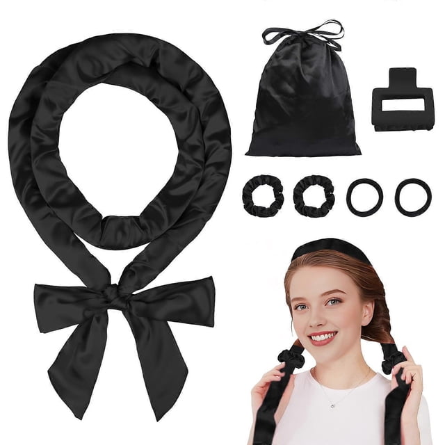 Rizador de pelo sin calor para peinar durante la noche sin calor, 70 pulgadas, juego de rizadores satinados para cabello largo, 7 piezas, negro