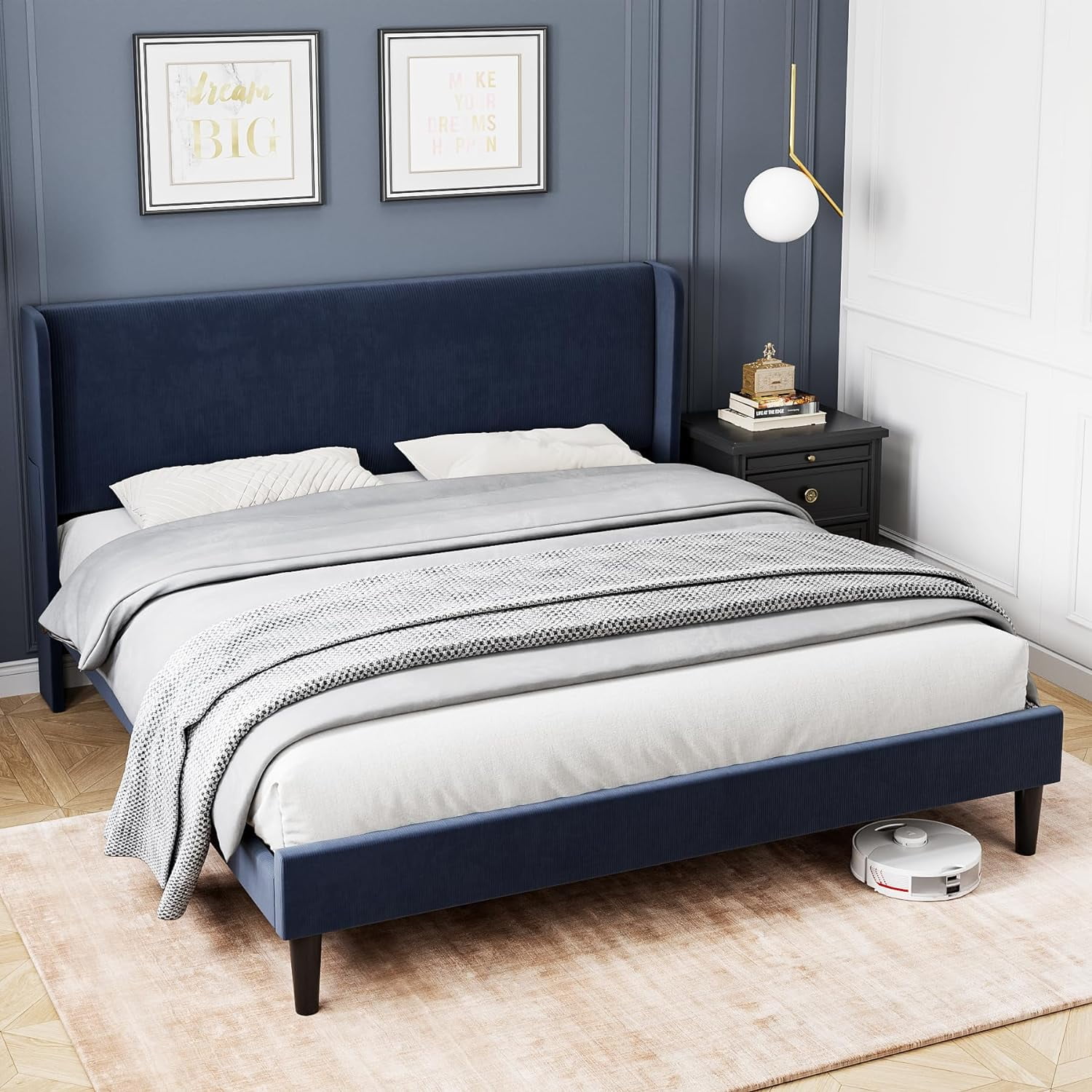 Senfot Queen Size Bed Frame,Upholstered Platform Bed with Wingback Headboard,Velvet Upholstered Bed Frame with 2 Storage Pocket,Strong Wooden Slat Support,Box Spring Optional,Easy Assembly,Light Gray