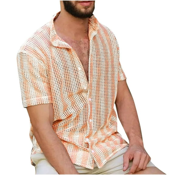 WREESH Men's Knit Crochet Button Down Shirts Loose Casual Hollow Out Short Sleeve Stand Up Collar Tops with Striped Patterns for Summer Pink