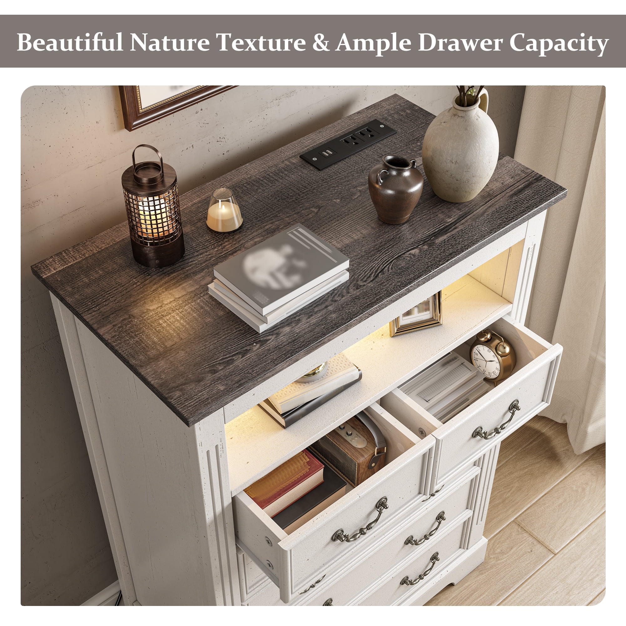 EnHomee Dresser for Bedroom Wood Dresser with LED Lights & Charge Station White Dresser with 6 Drawers