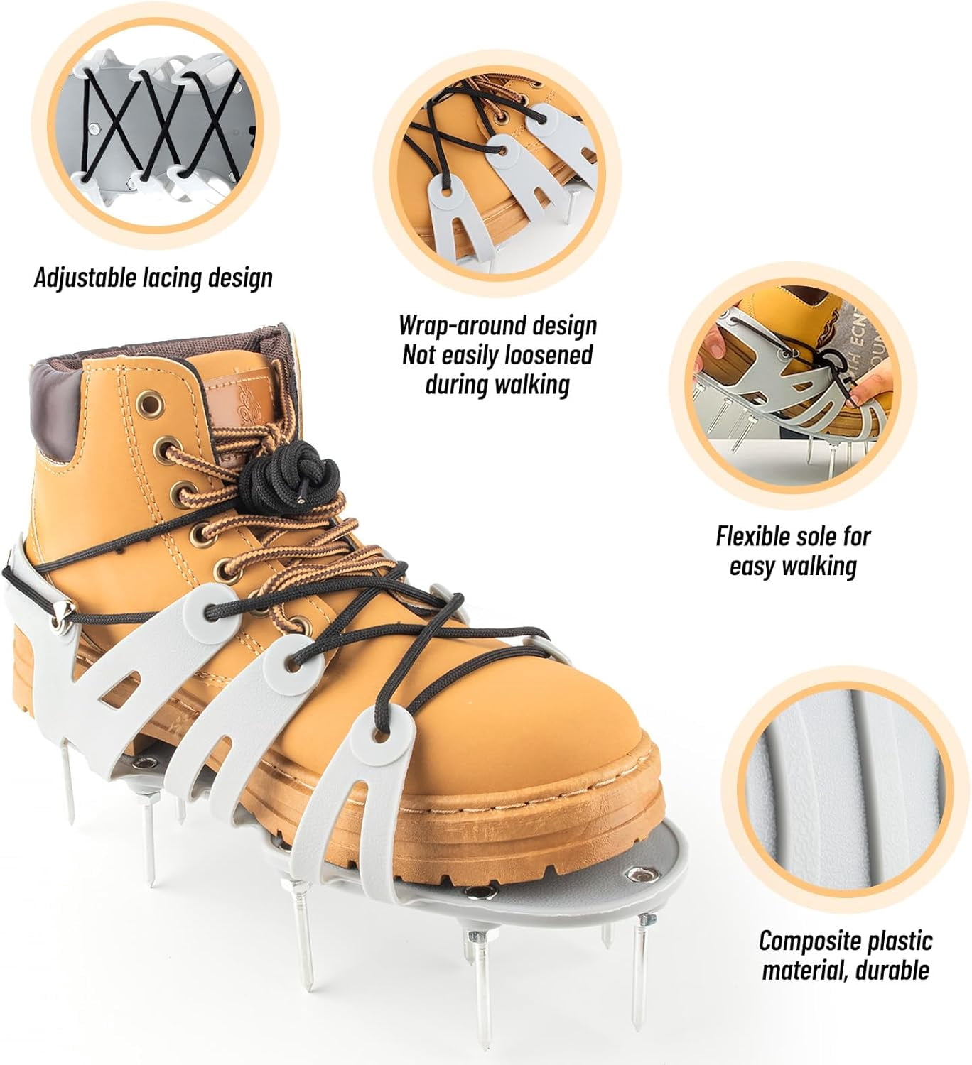 RGHJAR-Lawn Aerator Shoes - Wrap Around Lacing Design Spiked Shoes for Lawn Aerator, Flexible Bendable Sole Walk Freely One Size Fits All, Grass Aeration Spikes Tools