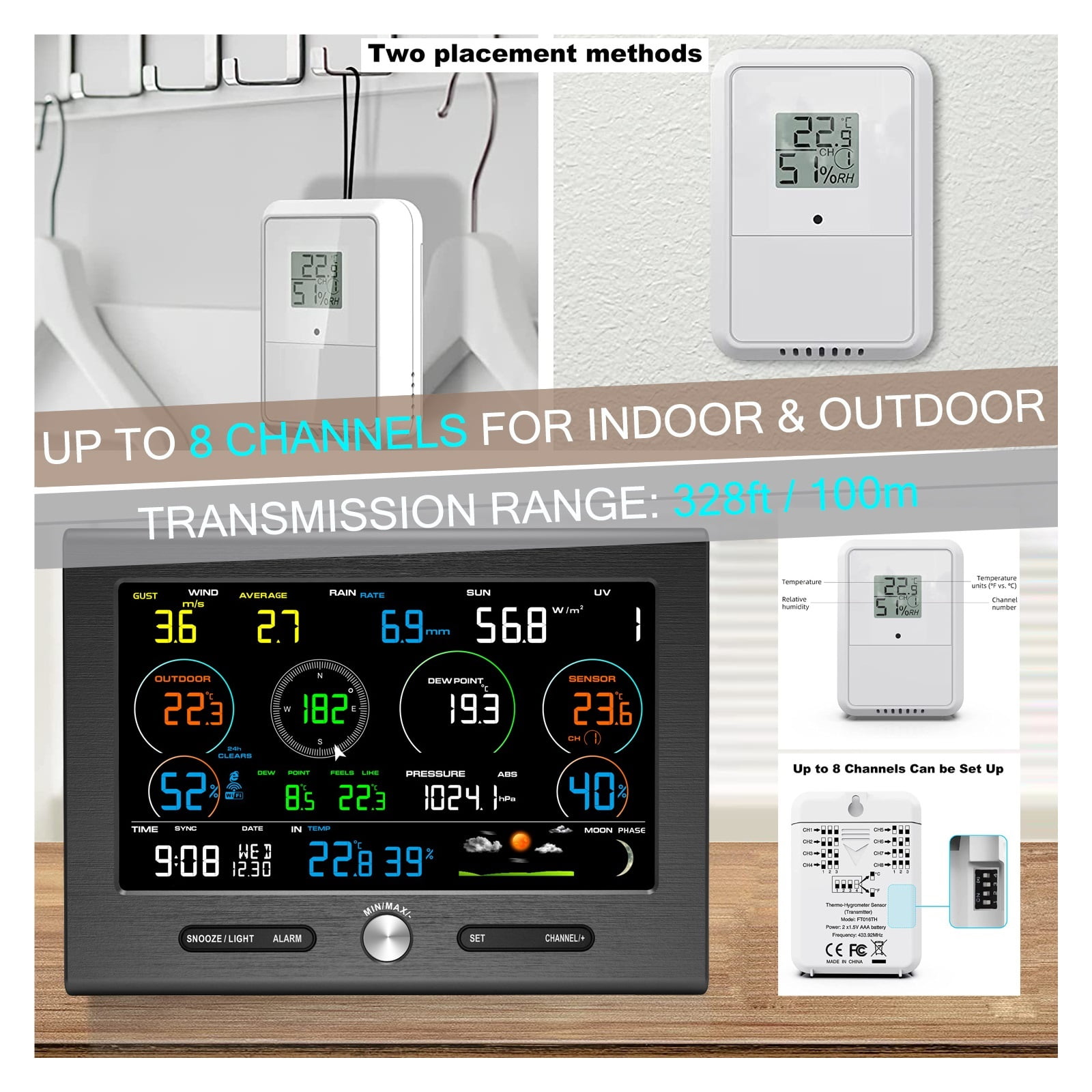 0370 Weather Station Outdoor Sensor Rain Gauge Weather Forecast Weather Base Temperature Humidity 8 Channel ,Easy to Install