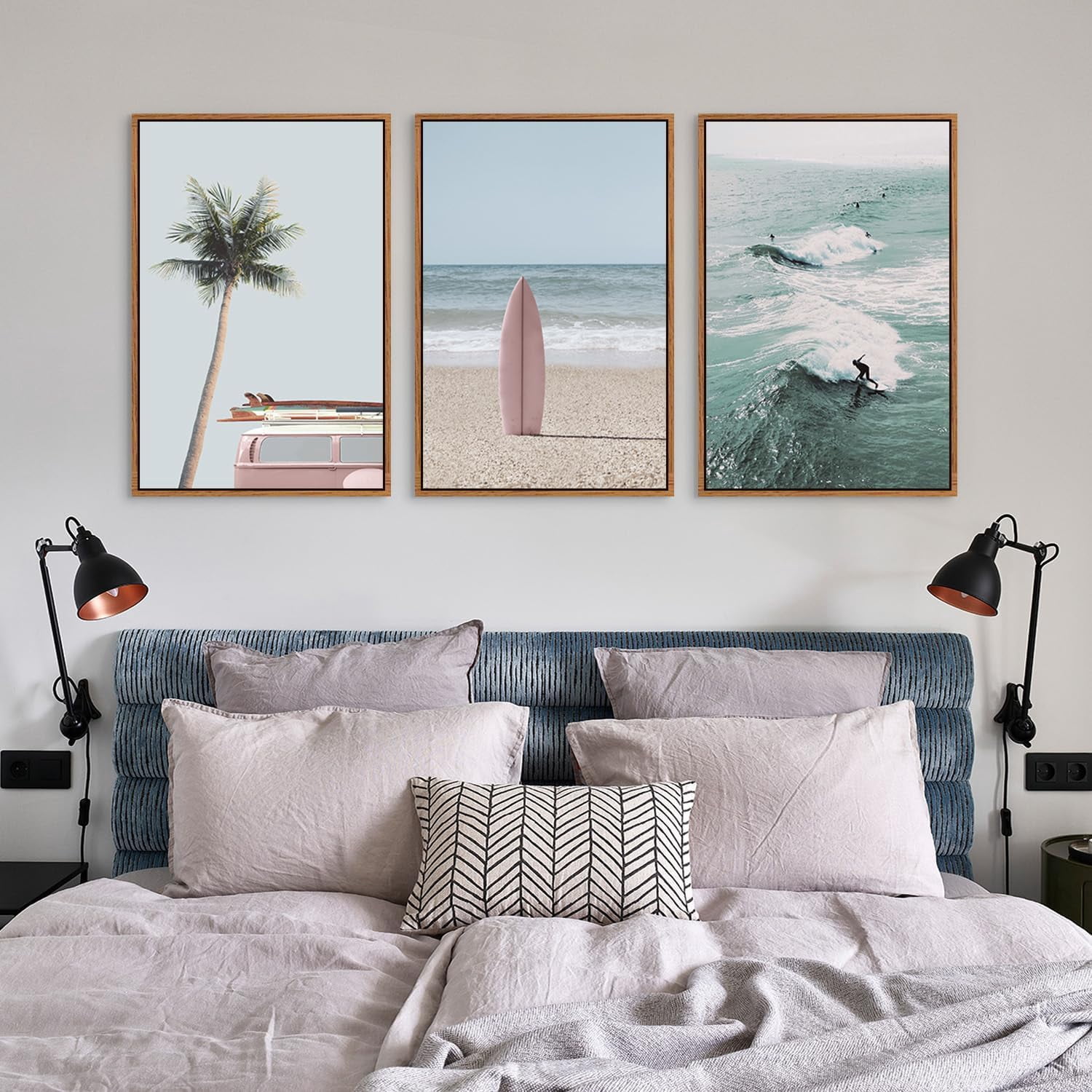 Beach Framed Canvas Wall Art Set, Palm Tree Surfboard Seascape Wall Decor, Ocean Surfing Wall Painting, Coastal Art Print for Living Room, Bedroom, Dining Room, Bathroom - Large Size 16"x24"x3
