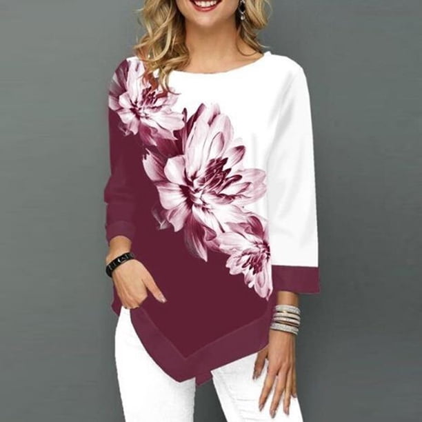 Moda Mujer Blusa estampada floral Tallas grandes 3/4 Mangas Irregular Dobladillo O Cuello Prima Abanopi Top de manga tres cuartos para mujer