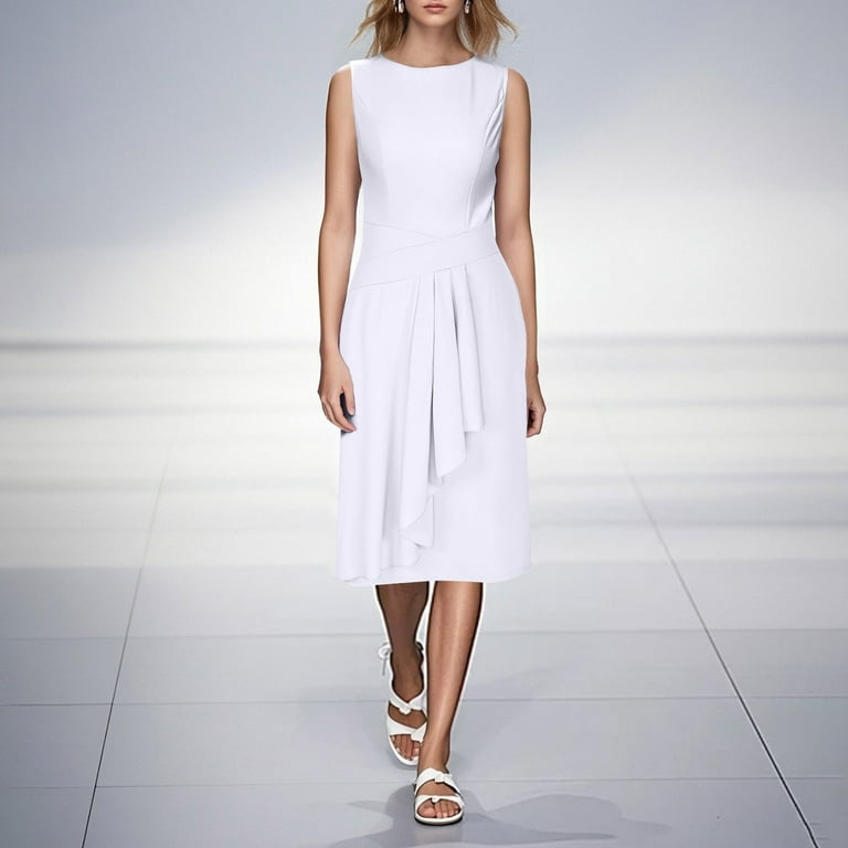 White Sleeveless for Juniors Fall Summer Boat Neck Midi Slimming