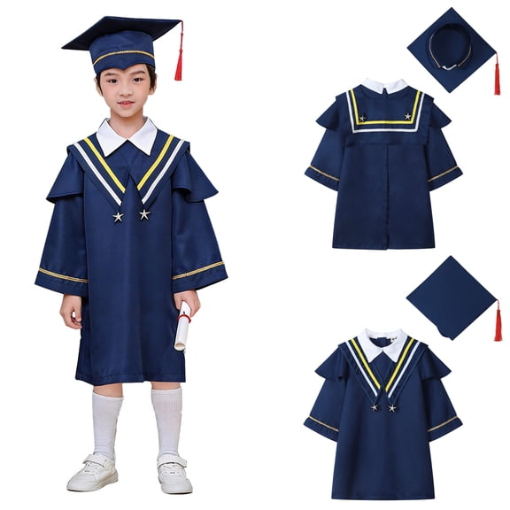 Child Graduation Gown Primary School Graduation Cap and Gown for Kids Navy Kindergarten Cap and Gown Kids Graduation Dress 9-10 Years