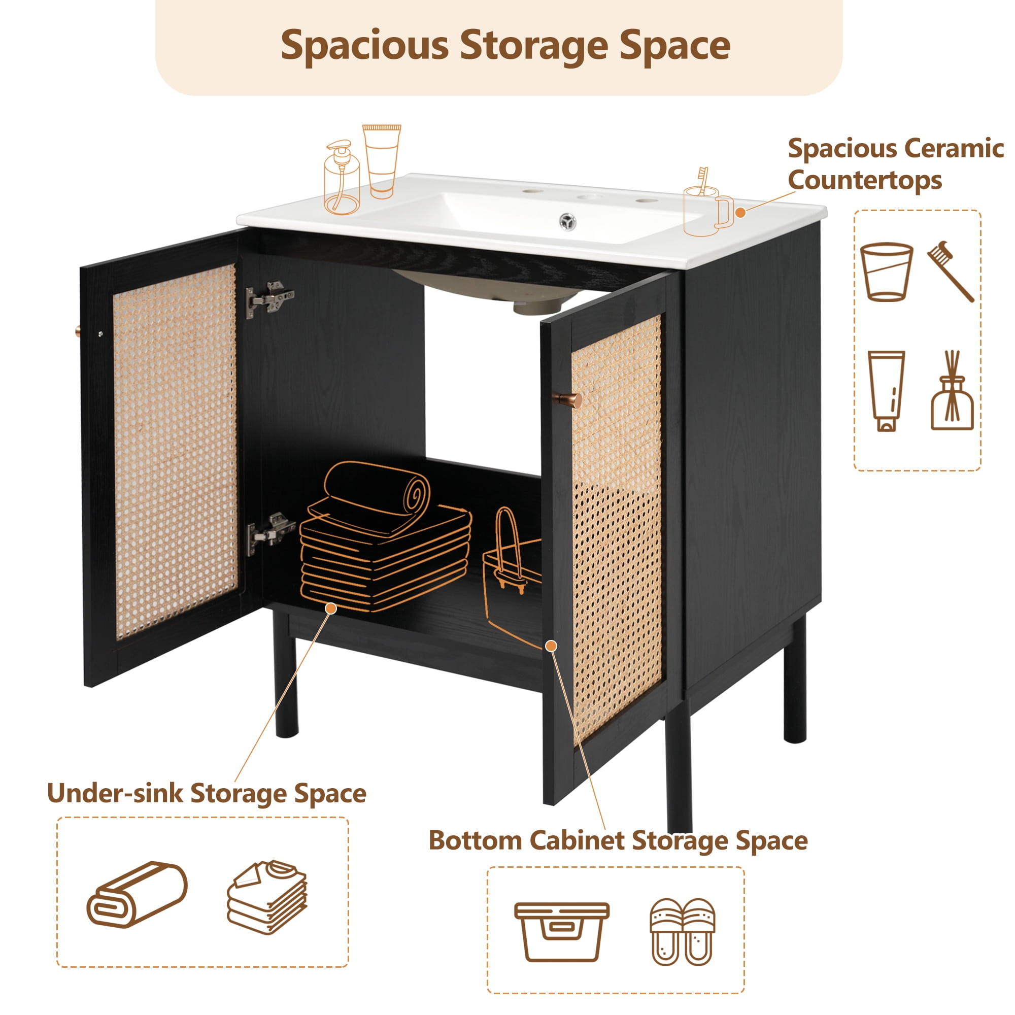 Euroco 30-inch bathroom vanity crafted from natural materials, featuring handmade rattan doors and soft-closing mechanisms