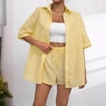 thumbnail image 5 of Fmbrln Womens Summer 2 Piece Sets Casual Stripe Print Turndown Collar Button Short Sleeve Shirts and Drawstring Elastic Waist Shorts Sets Lounge Vacation Outfits Yellow S, 5 of 5