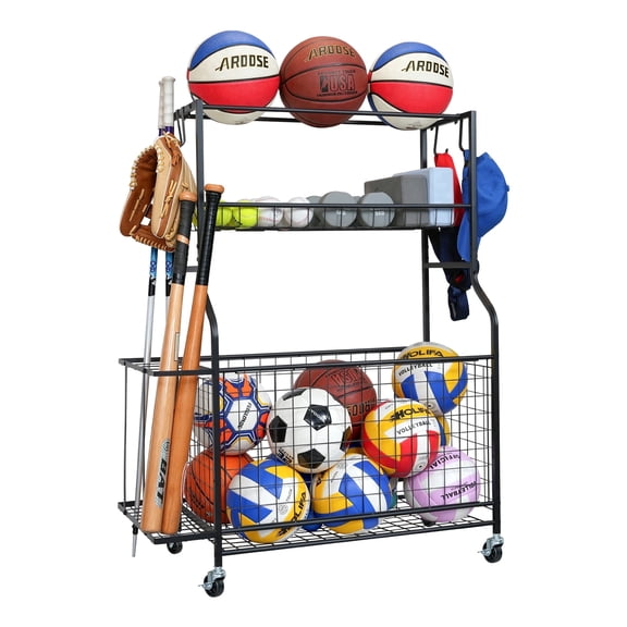 Mythinglogic Basketball Storage Rack with Wheels and Hooks, 1-Pack Garage Organizer for Balls, Gear, Toys
