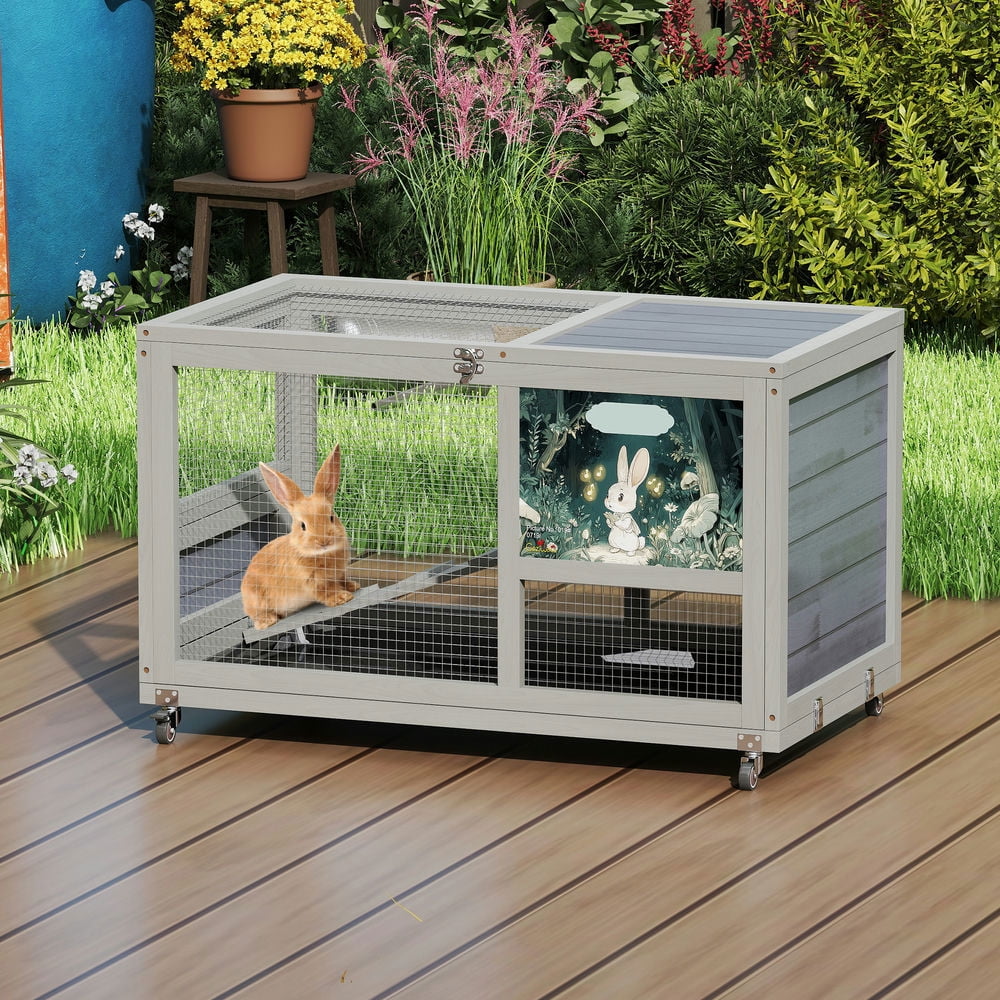 GVN Rabbit Coop, Rabbit House, Duck Rabbit Cage,2-Tier Bunny Hutch, Wood Rabbit Cage on Wheels with Openable Roof, Ramp, Easy-to-Clean Tray, Gray