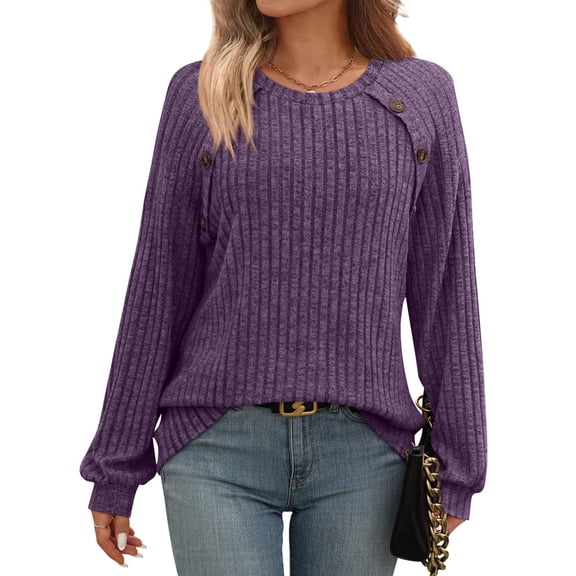 Lumtrix Women's Crew Neck Fall Dressy Casual Sweater Tops 2025 Button Clothing Purple S