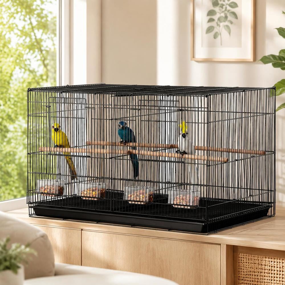 Flight Bird Cage, 30-inch, with handle, divided design, secure door, and perches for parrots, canaries, cockatiels