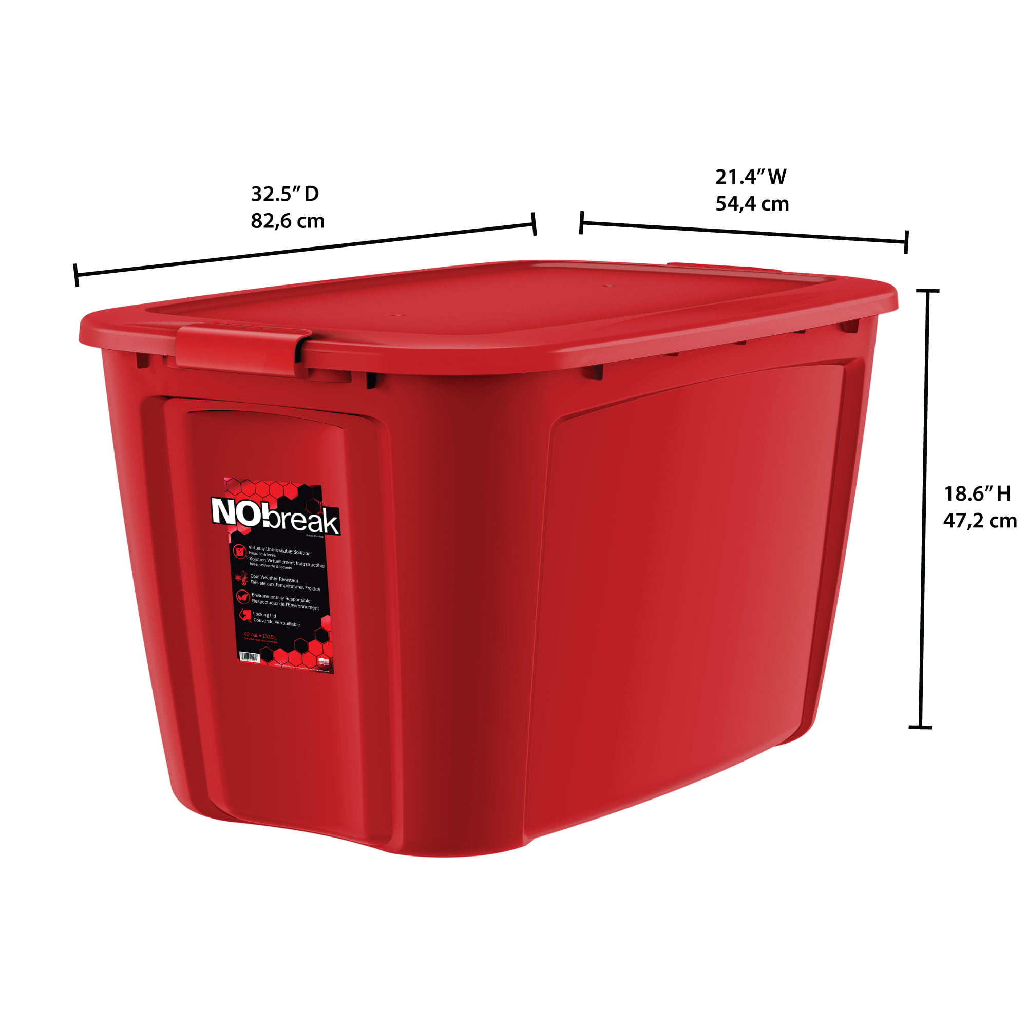 NO!break 42 Gallon Locking Lid Red Plastic Storage Tote and Lid with Red  Locking Latches - Set of 4