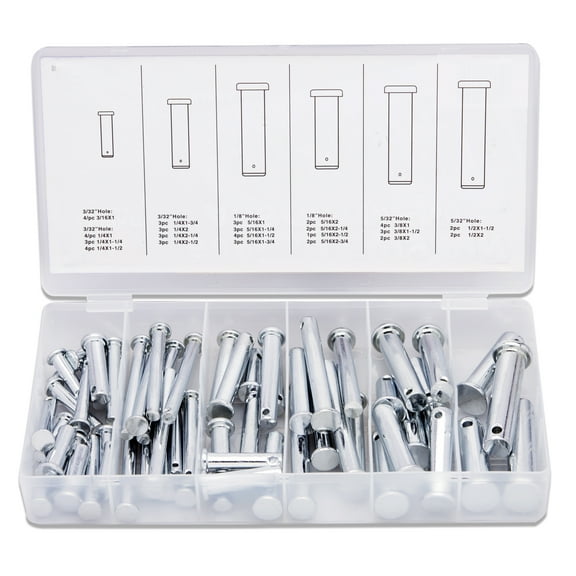 NEIKO 50414A 60 Piece Clevis Pins Assortment Kit, Zinc Construction 3/32”,1/8”, and 5/32” Hole Sizes, 3 Different SAE Sizes, Steel Pin, Single Hole Flat Head Clevis Pins