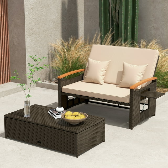 Gymax Ensemble de Lit de Jour en Rotin pour Patio avec Causeuse Rembourrée et Pouf de Rangement