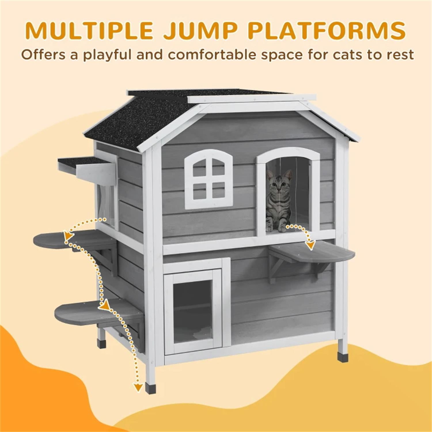 Pefilos 35" Wooden Cat House 2-Story Indoor Outdoor Luxurious Cat Shelter with Jumping Platforms, Openable Weatherproof Roof, Escape Door, Gray