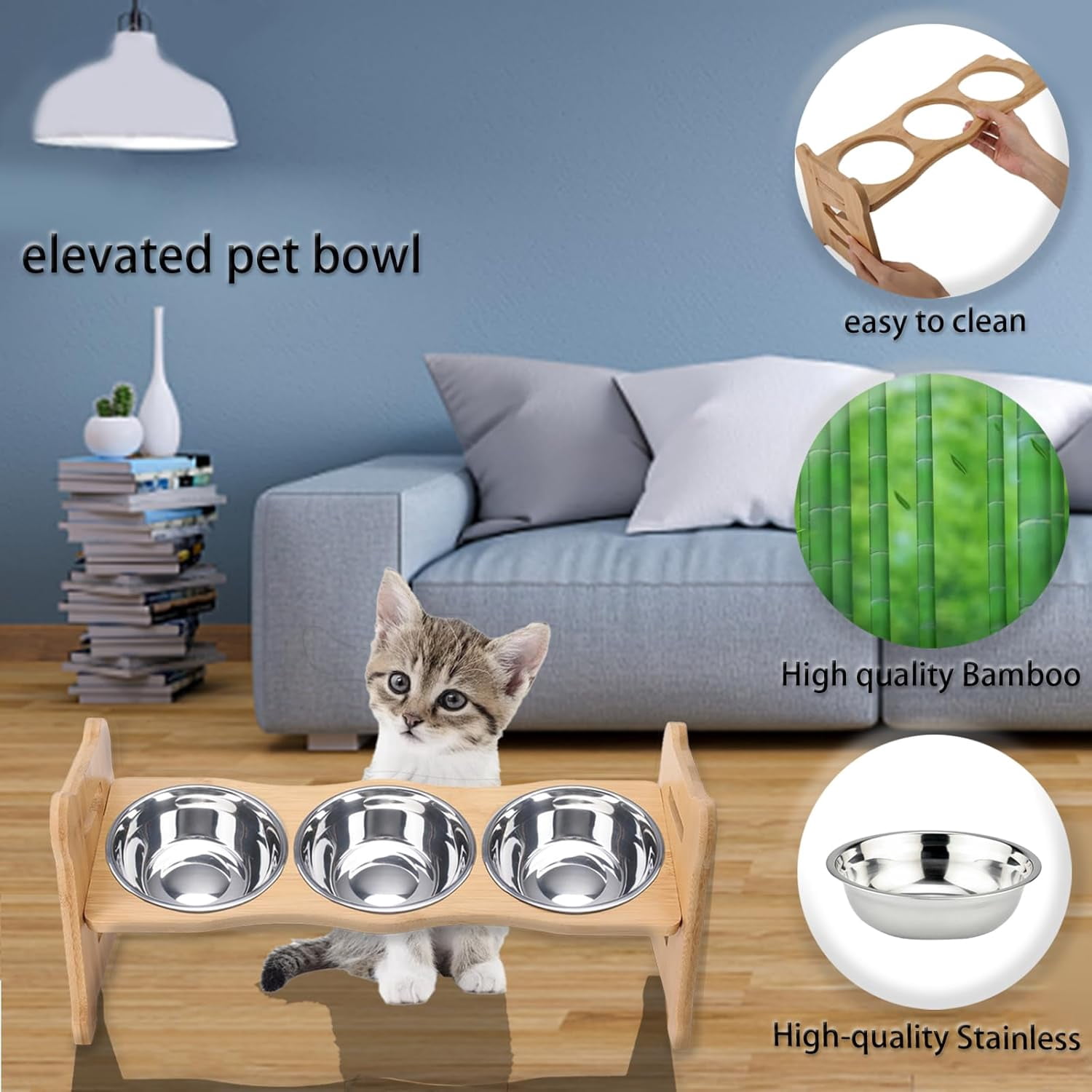 Elevated Pet Bowls for Cats & Small Dogs, Elevated and 15° Tilted Stainless Steel Elevated Cat Food Bowl with Bamboo Stand and Rubber Strip to Prevent Overflow for Indoor Cats and Pets