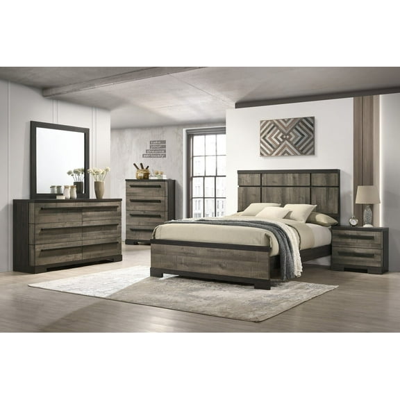 6pc Contemporary Queen Size Panel Bed Set Brown/Gray Finish Unique Wooden Bedroom Furniture