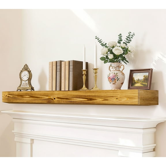 CQSXDA 60 Inch Handcrafted Wood Fireplace Mantel Shelf with Invisible Brackets for Elegant Living Room Decor