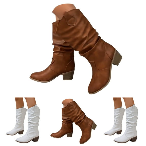 Dakaela Women's Knee High Slouchy Boots Chunky Low Heel Cowboy Boot Wide Calf Pull on Winter Shoes