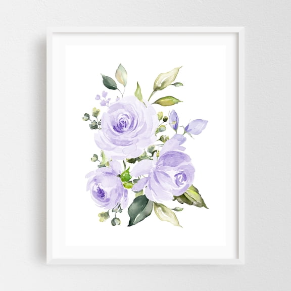 Purple Flowers, Watercolor Flowers, Purple Roses, Greenery, Gender Neutral Nursery - Illustration Watercolor Floral Flowers Botanical Garden Pastel White Framed Wall Art Print 9 x 12 inches