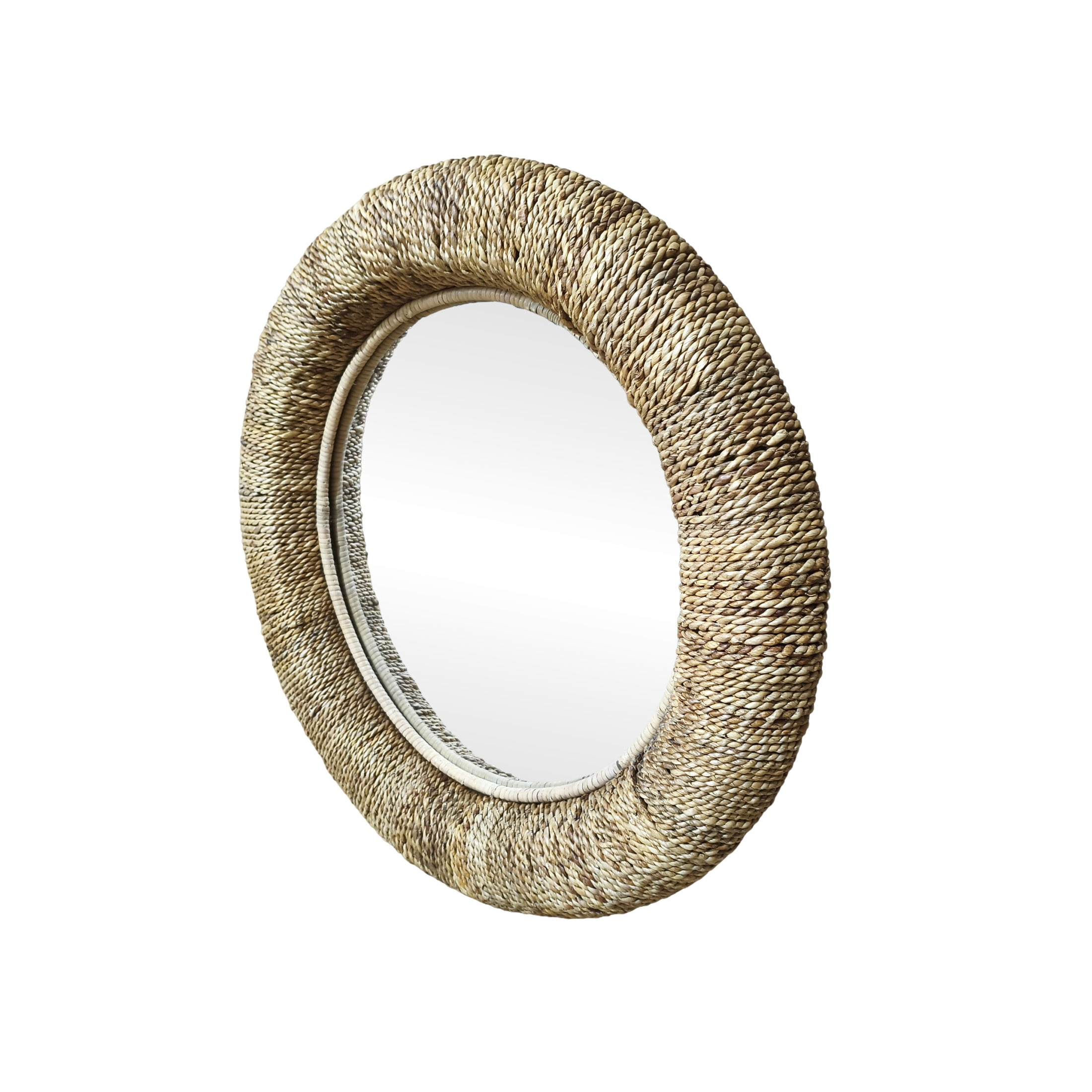 DecMode Coastal Brown Weaved Rattan Round Wall Mirror, 35"D