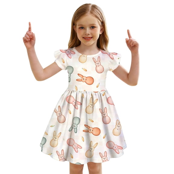 Easter Bunny Print Girls Dress Flutter Sleeve Party Dress For Toddler Baby Girl Floral Occasion Outfits Dresses