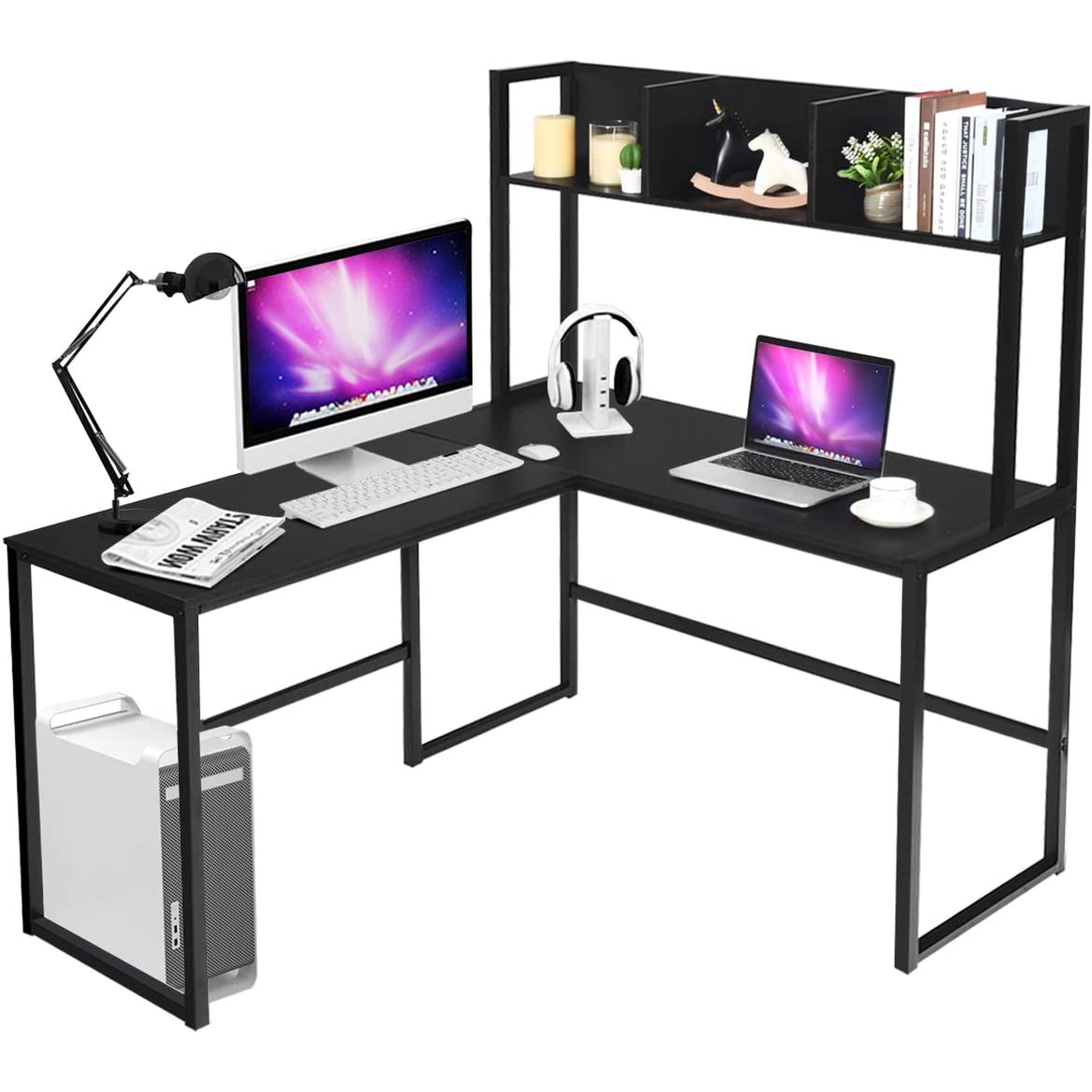 Reversible L-Shaped Desk with Hutch, Space Saving Corner Computer Desk with Storage Shelves, Home Office Study Writing Desk Computer Workstation with Storage Bookshelf, Gaming Desk