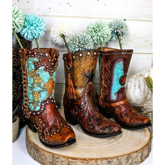 Set Of 3 Rustic Country Turquoise Cross Western Star And Frills Boot Vase Decors