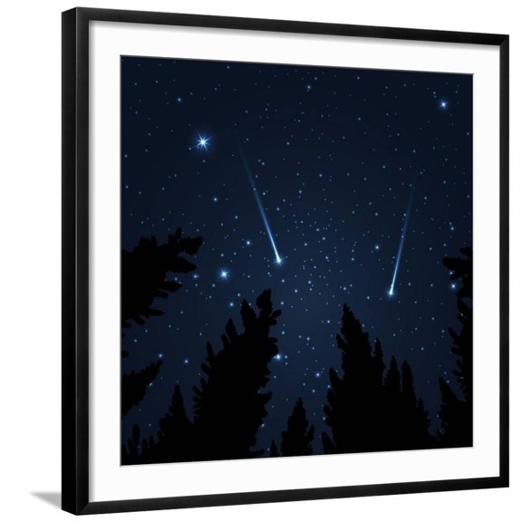 Art.com Galaxy with Framed with Pine Trees. Night Sky and Shooting Stars. Milky Way. Vector Illustration Art Print by acid2728k, Black Frame Wall Art, 29" x 29"