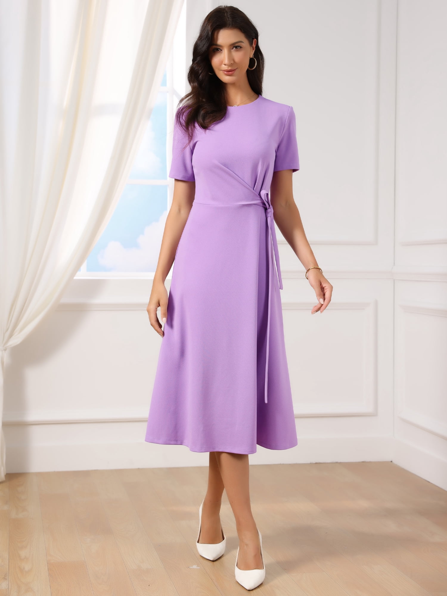 DARING DIVA Women's Short Sleeve Midi and A-Line Silhouette Casual Dresses L Lavender